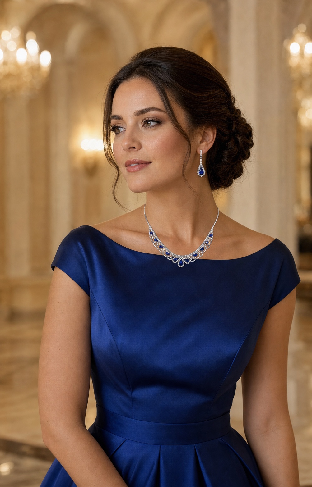 Royal-blue occasion dress with coordinated blue crystal jewelry
