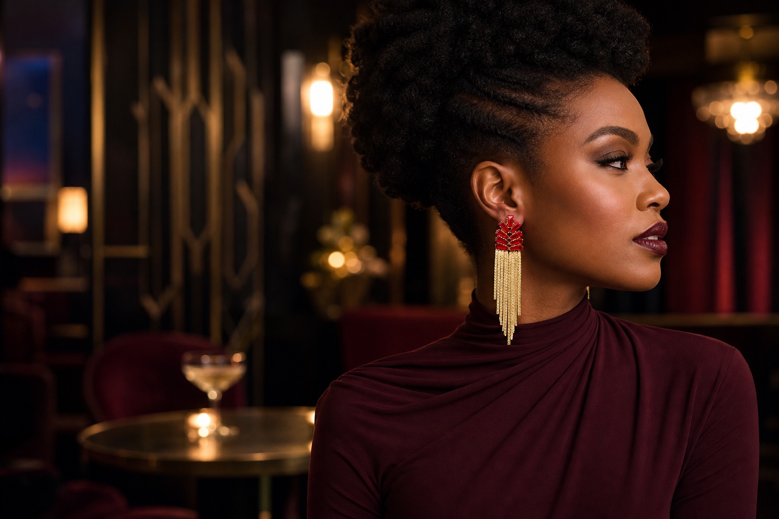 Red occasion-dress and jewelry styling reference