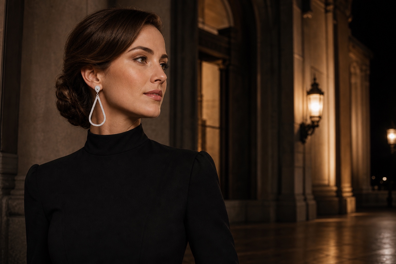 Black occasion-dress and jewelry styling reference