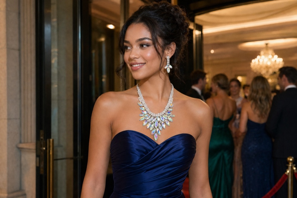 Model wearing a LUSIYAN prom necklace and earring set
