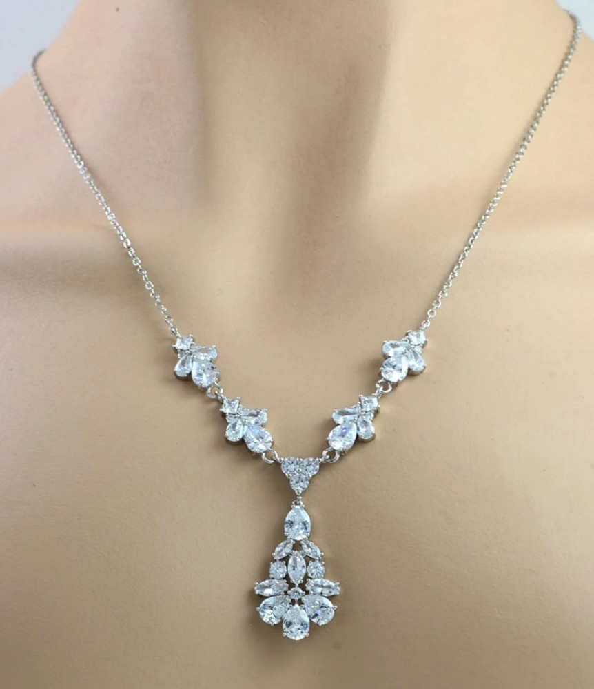 Elegant White CZ Teardrop Bridal Necklace