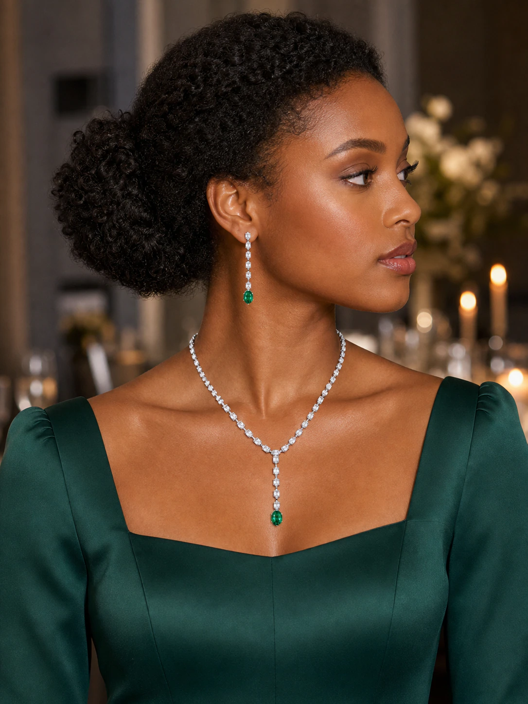 Square-Neck dress neckline with visible jewelry styling