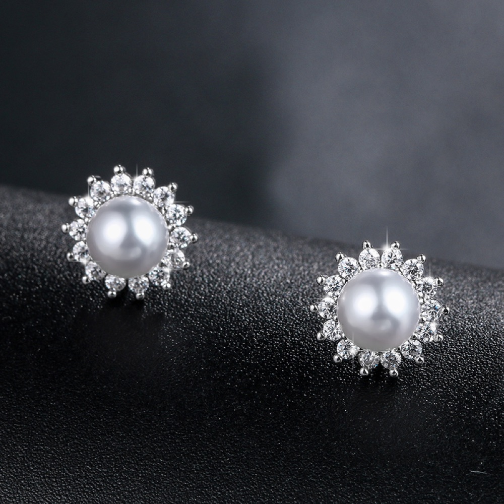 Mother of the Bride Crystal Floral Pearl Earrings Style 01