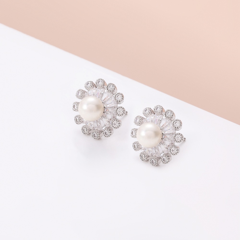 Mother of the Bride Crystal Floral Pearl Earrings Style 02