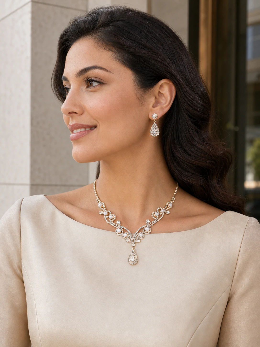 Boat-Neck dress bodice with visible jewelry styling