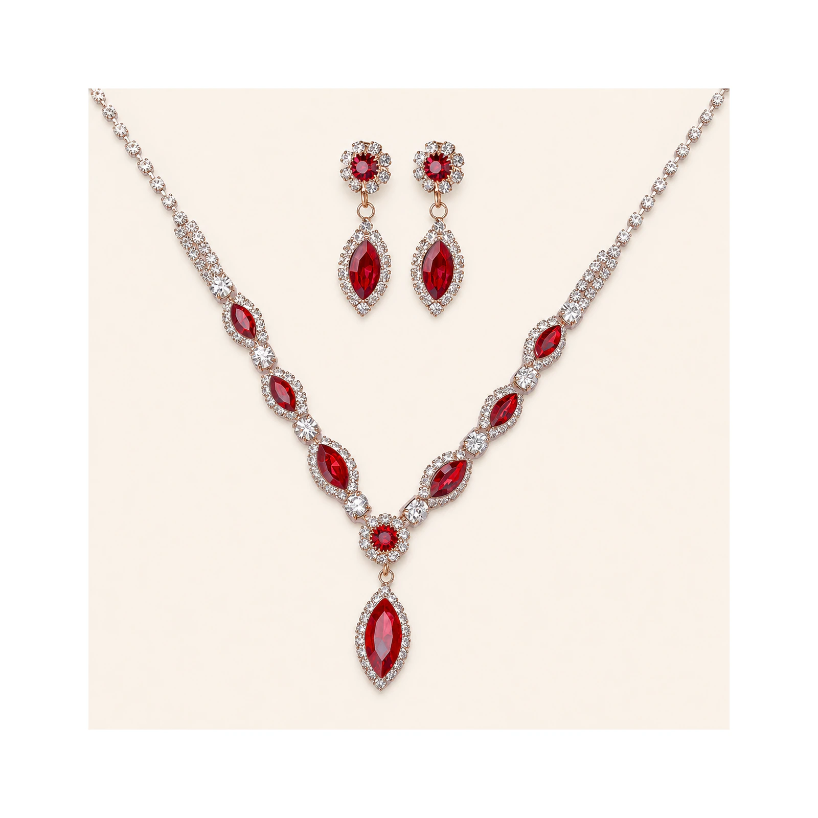Ruby Red Rhinestone Necklace Set