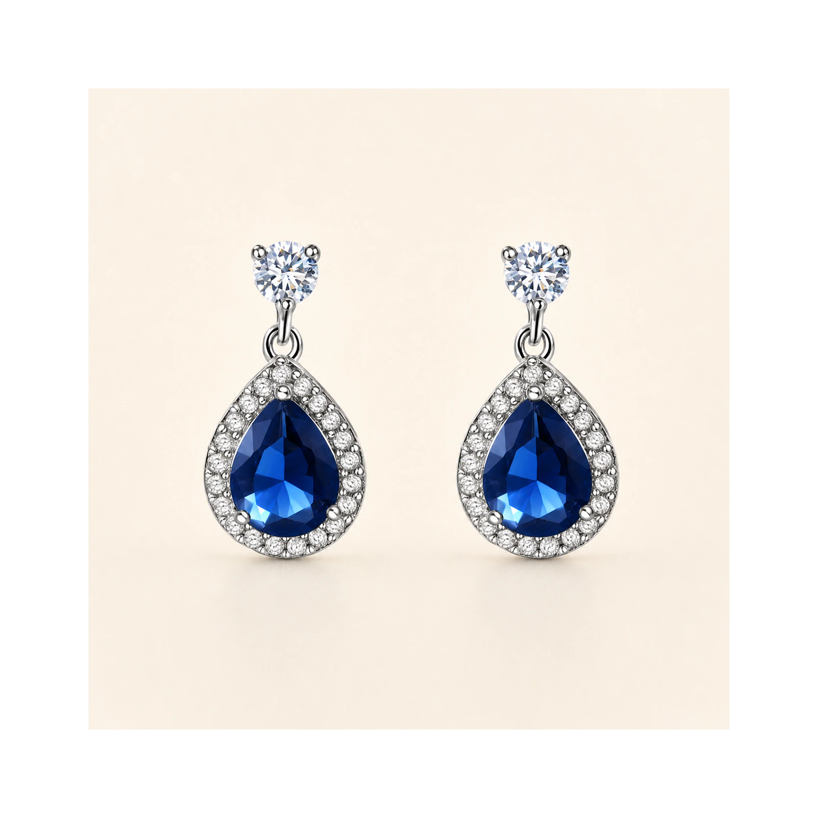 Sapphire Blue Teardrop Halo Earrings