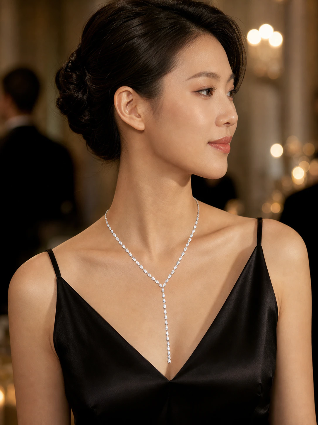 V-Neck dress bodice with visible jewelry styling