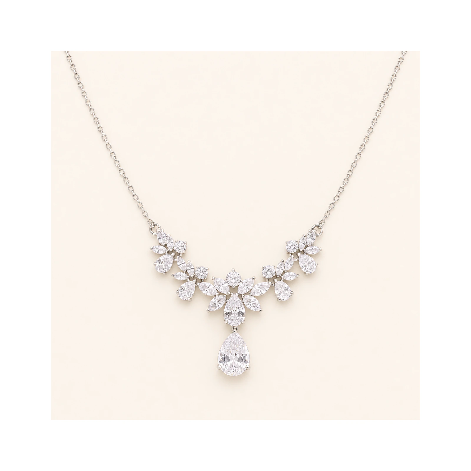 White CZ Floral Teardrop Wedding Necklace